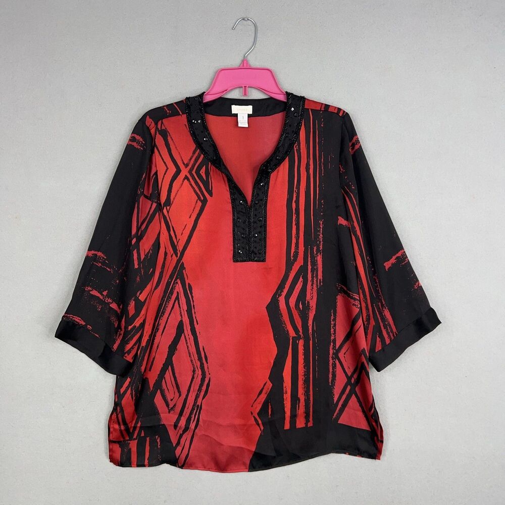 Chicos Shirt Womens 1 Medium Red Black Beaded Neckline Tunic Blouse Boho Satin